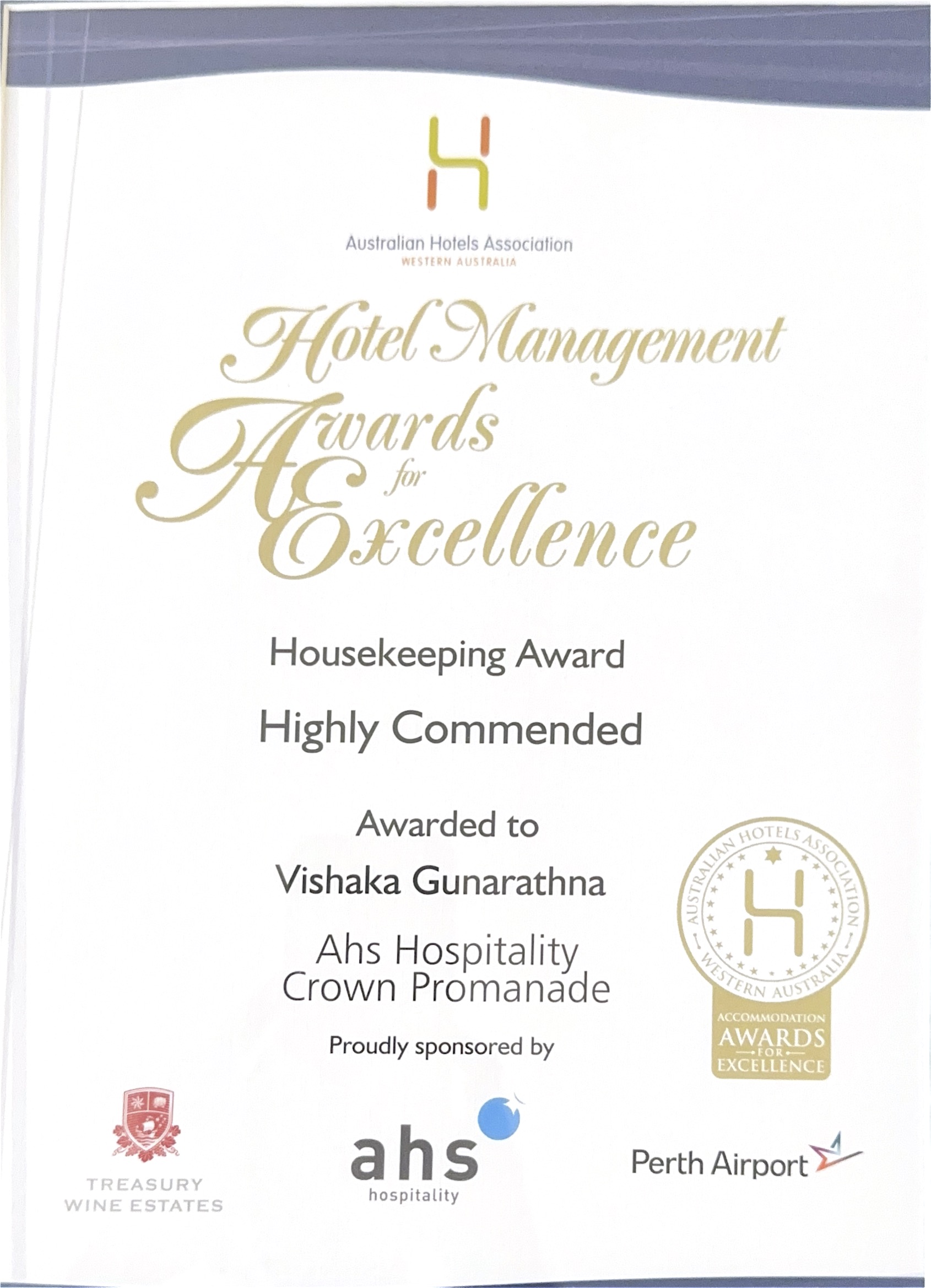 Hotel Management Award for Excellence — Australian Hotels Association